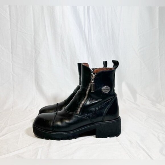 Vintage Y2K Harley Davidson Womens Black Leather Chunky Zip Ankle Boots~8~ - Picture 3 of 7